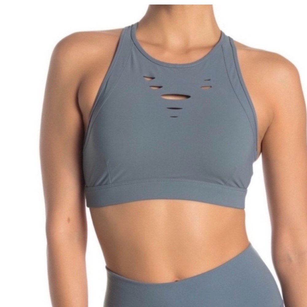 ALO Yoga High Neck Cutout Sports Bra in Slate Blue-Grey